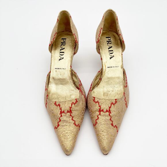 Prada Vintage Gold Brocade Red Woven D’Orsay Pointed Toe Kitten Heels IT 36 - Picture 5 of 11